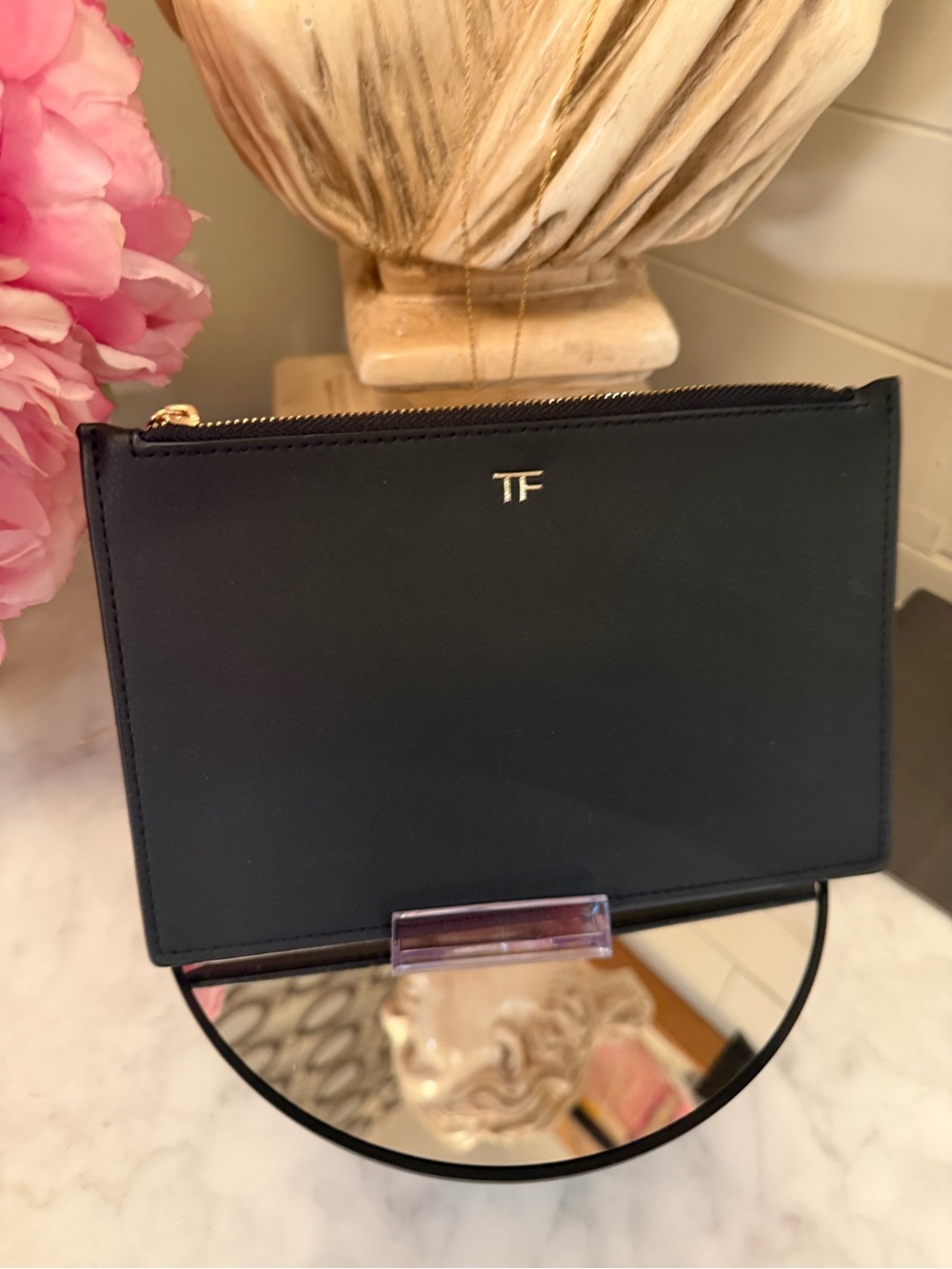 Tom Ford NWOT Black faux Leather TF Zip Pouch Clutch Gold Hardware 8 x 5